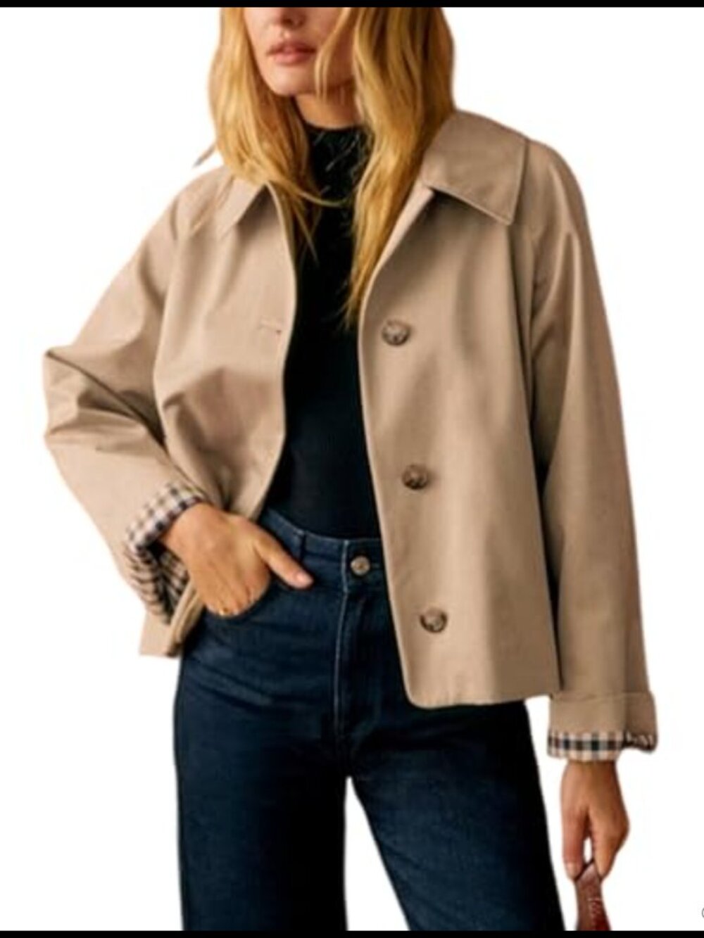 Women Oversized Trench Coat Plaid Lining Button Down Crop Jacket with Pockets
